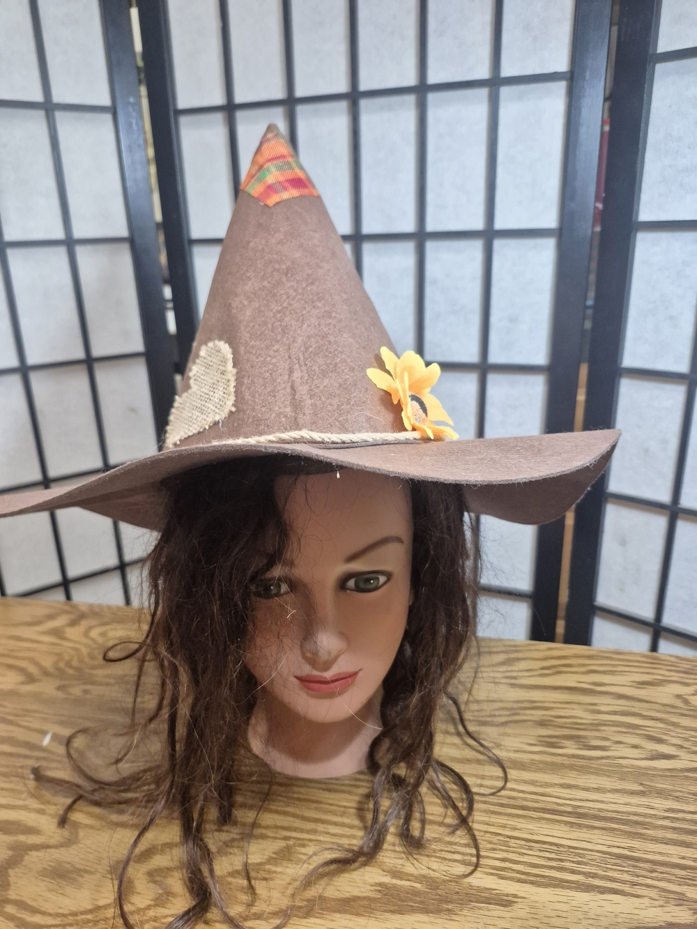 Handmade Brown Felt Witch Hat with Yellow Flower